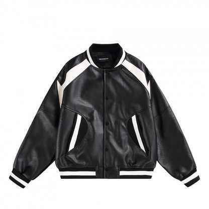 Unisex Boxy Oversized Faux Leather Bomber Jacket with Contrast Panels and Ribbed Cuffs Shop Velvia