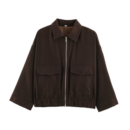 Women's Cropped Oversized Blouson Jacket with Large Flap Pockets, Full-Length Zipper and Elastic Hem Shop Velvia
