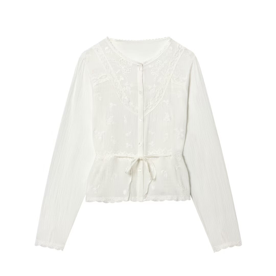 Women’s Light Embroidery Blouse with Lace Collar, Tie Waist and Button Placket Shop Velvia