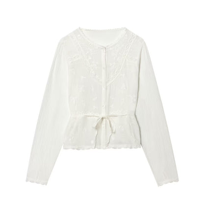 Women’s Light Embroidery Blouse with Lace Collar, Tie Waist and Button Placket Shop Velvia