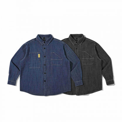 Unisex Boxy Denim Overshirt in Worker Look with Patch Pockets and Rounded Hem Shop Velvia
