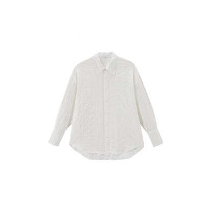 Unisex Oversize Linen Blend Shirt with Textured Stripes, Kent Collar and Rounded Hem Shop Velvia
