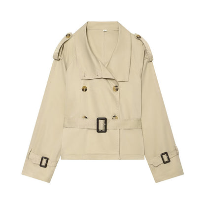 Women Short Boxy Trench with Double Breasted, Waist Belt and Shoulder Tabs Shop Velvia