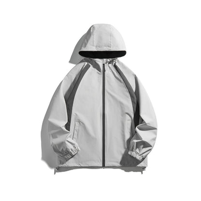[Unisex Lightweight windproof hooded jacket in sporty utility style with contrast piping and drawstring hem Shop Velvia]
