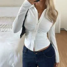 Women Tailored Buttonable Ruffle Top with V-Neck and Figure-Shaping Gather Shop Velvia