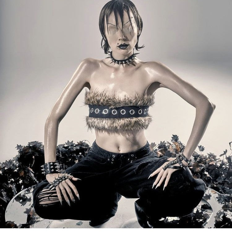 Women Cropped Bandeau Top with Faux Fur Trim, Grommet Leather Strap and Gothic-Punk Details Shop Velvia