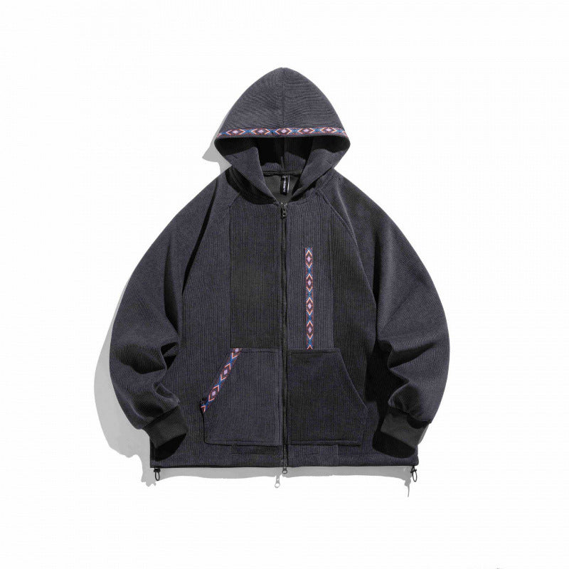 Unisex Oversize Hoodie with Zipper and Woven Decorative Bands Shop Velvia
