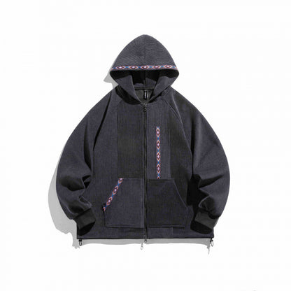 Unisex Oversize Hoodie with Zipper and Woven Decorative Bands Shop Velvia
