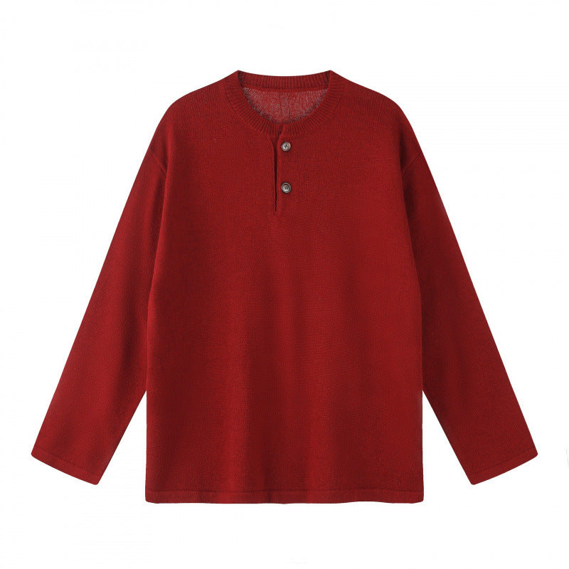 Unisex Oversize knit sweater with Henley button placket, straight hem and light texture Shop Velvia