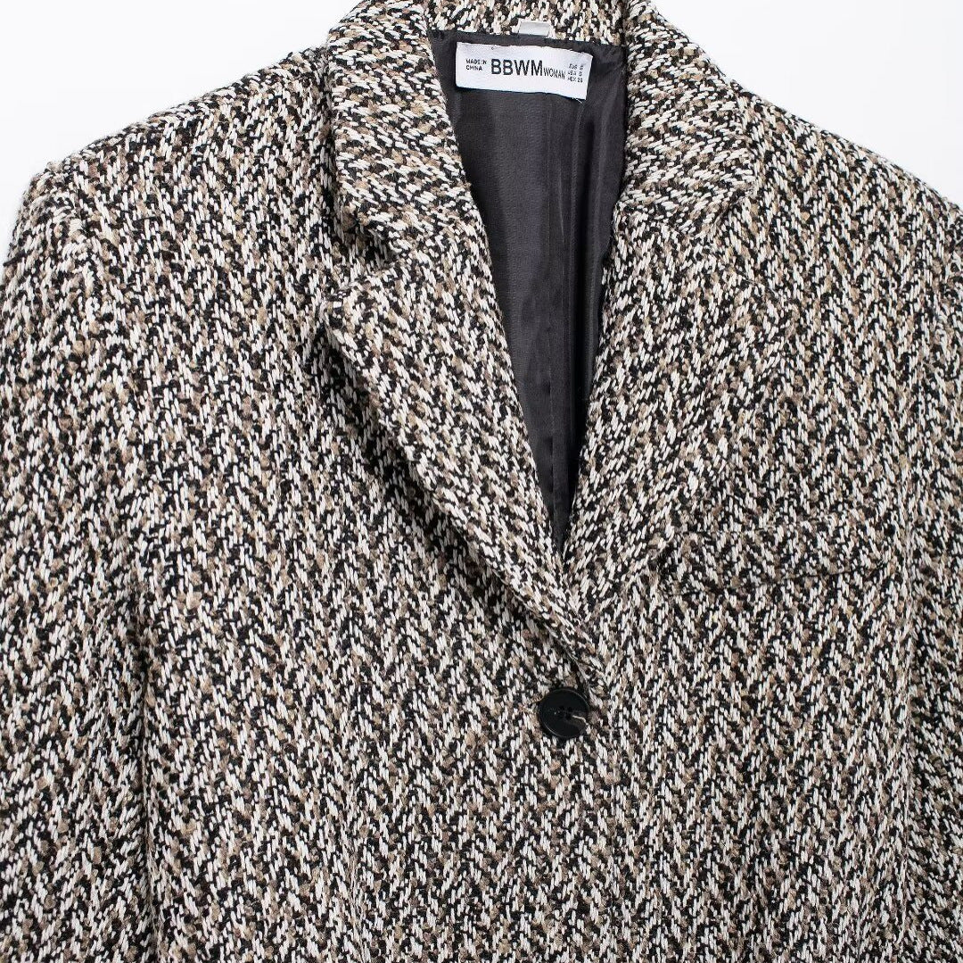 Women's Longline Tweed Blazer with Flap Pockets and Waist Belt Shop Velvia