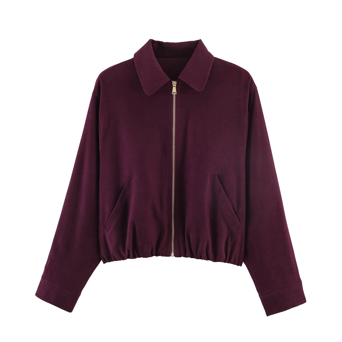 Ladies short cut velour look bomber jacket with lapel collar and elastic hem Shop Velvia