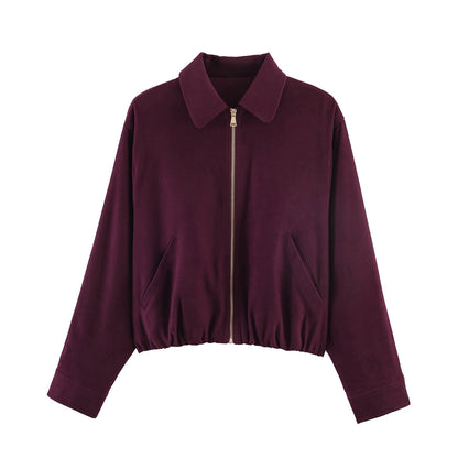 Ladies short cut velour look bomber jacket with lapel collar and elastic hem Shop Velvia