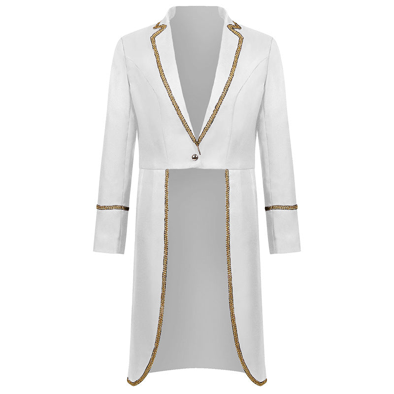 Women's longer tailored blazer coat with golden chain detail and single-breasted closure Shop Velvia