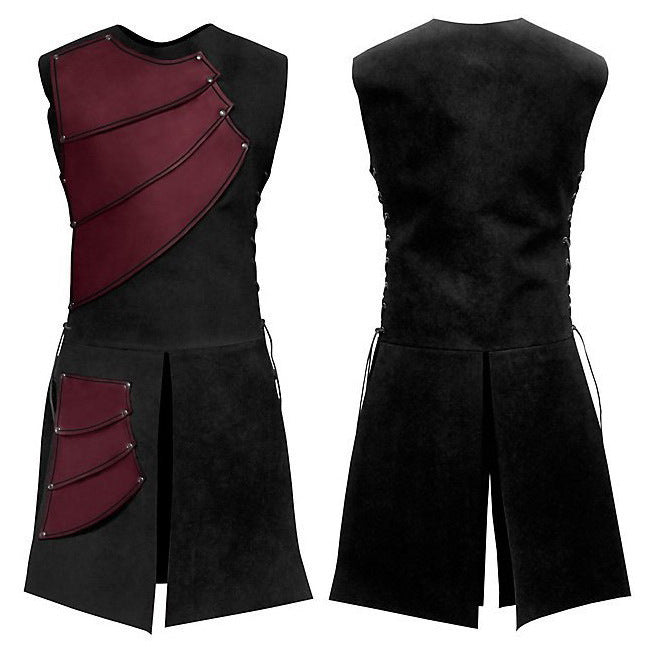 Unisex sleeveless LARP vest with layered panel wings, side eyelet lacing, and split skirt Shop Velvia