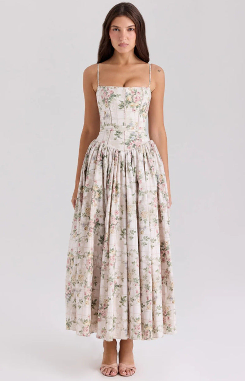 Women's fitted maxi dress with corset top and fine spaghetti straps