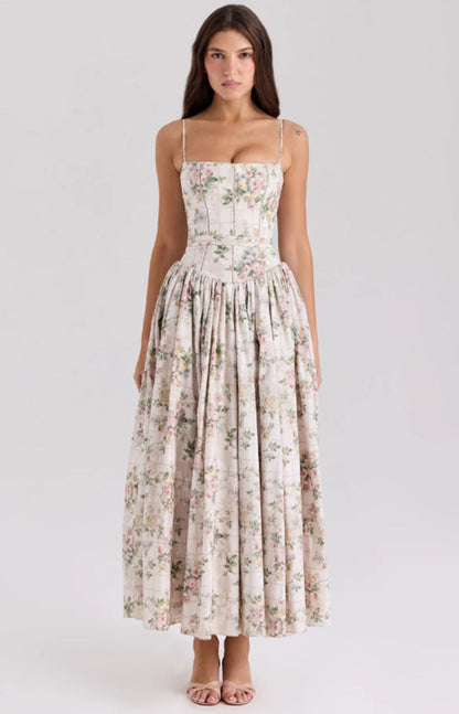 Women's fitted maxi dress with corset top and fine spaghetti straps