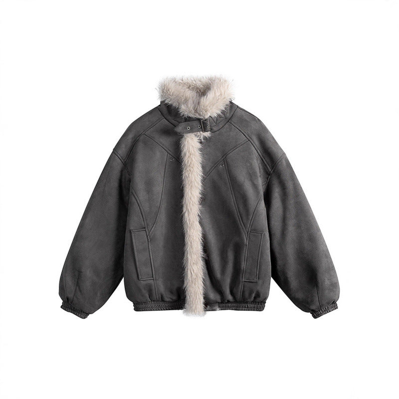 Women's short-cut bomber jacket in lambskin look with high stand-up collar and faux fur trim Shop Velvia
