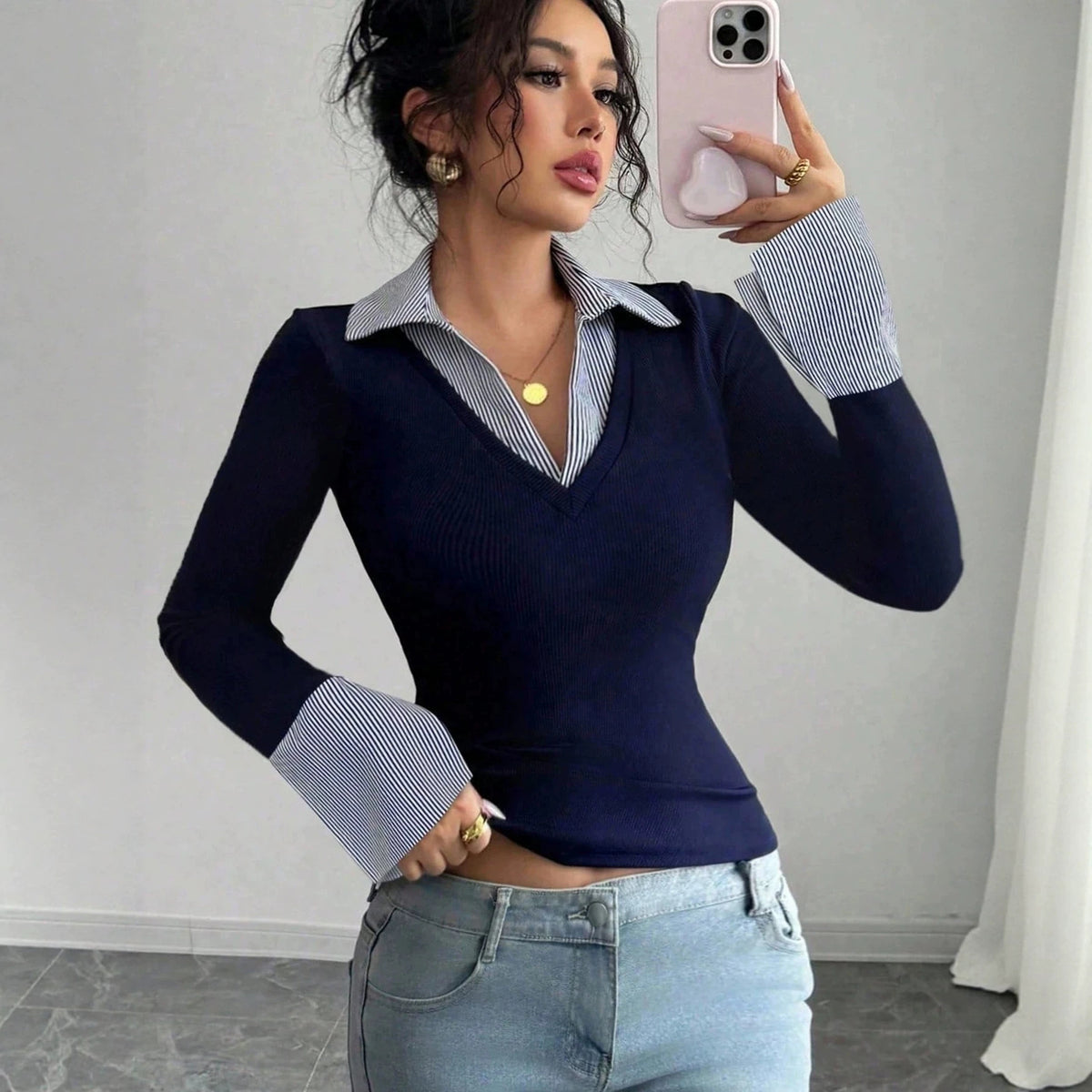 Ladies fine knit sweater with integrated shirt collar and striped cuffs Shop Velvia