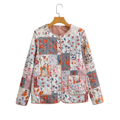 Women's quilted patchwork set consisting of jacket, vest, and mini skirt with floral print Shop Velvia