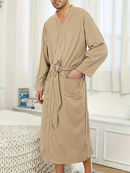 Men's lightweight cotton kimono bathrobe with waffle texture and patch pockets Shop Velvia