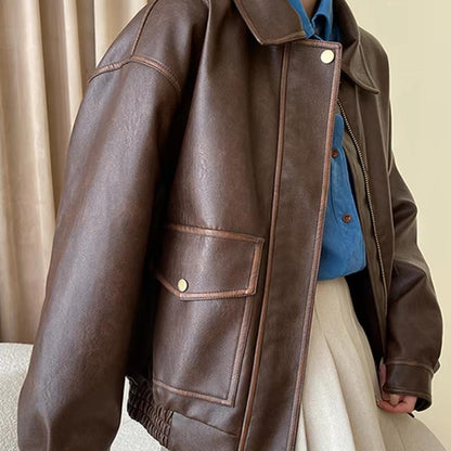 Women's Boxy Faux Leather Pilot Jacket with Flap Pockets and Elastic Hem Shop Velvia
