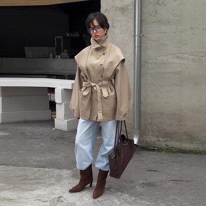 Women's transitional jacket with cape detail and tie belt Shop Velvia