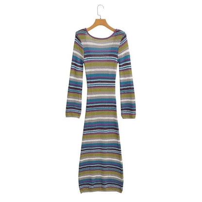 Women's Fitted Fine Knit Midi Dress with Striped Pattern and Round Neckline Shop Velvia