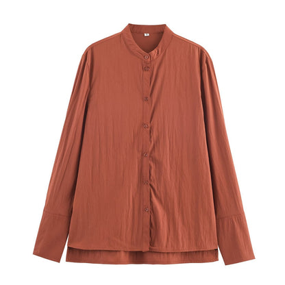 Women's Oversized Shirt Blouse with Mandarin Collar and Full Button Placket Shop Velvia