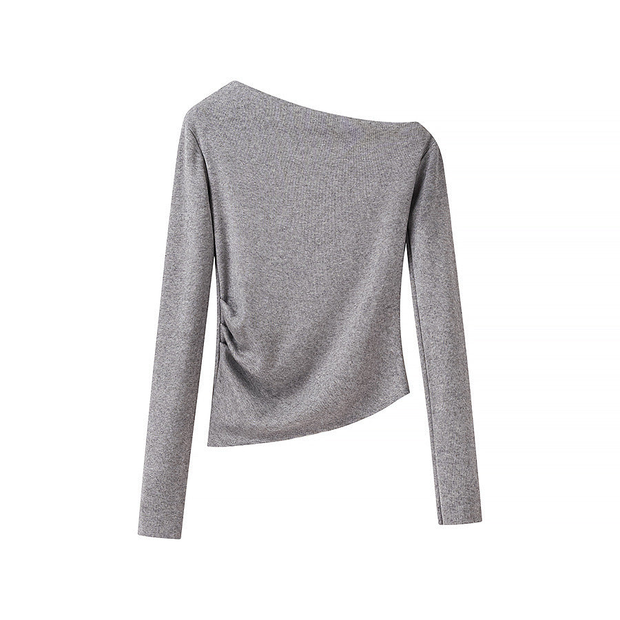 Women’s asymmetrical fine knit top with off-the-shoulder neckline and gathered side panel Shop Velvia