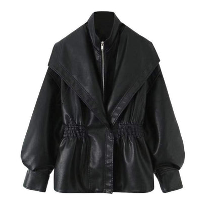 Women's Faux Leather Jacket with Wide Shawl Collar and Gathered Waistband Shop Velvia