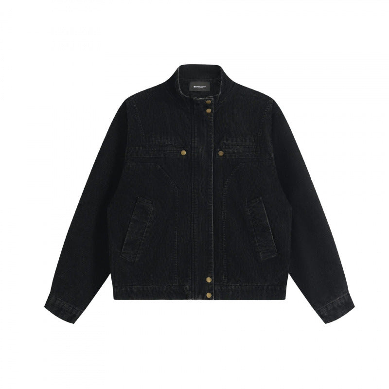 Unisex Cord-Boxy-Jacket with stand-up collar, hidden snap button placket and patch pockets Shop Velvia