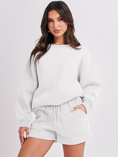 Women's Casual Two-Piece Lounge Sweatset with Oversized Round Neck Sweatshirt and High-Waist Relax Shorts Shop Velvia