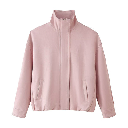 Women's Boxy Short Jacket with High Stand Collar, Concealed Front Placket and Jetted Pockets Shop Velvia