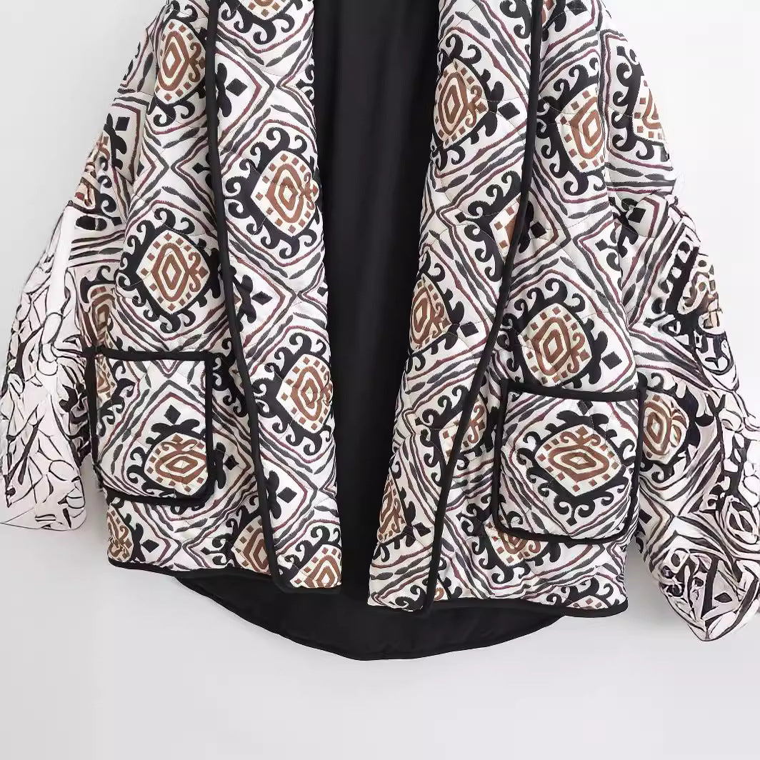 Women's quilted kimono jacket with graphic ethnic print and waist belt Shop Velvia