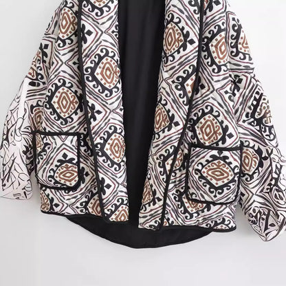 Women's quilted kimono jacket with graphic ethnic print and waist belt Shop Velvia