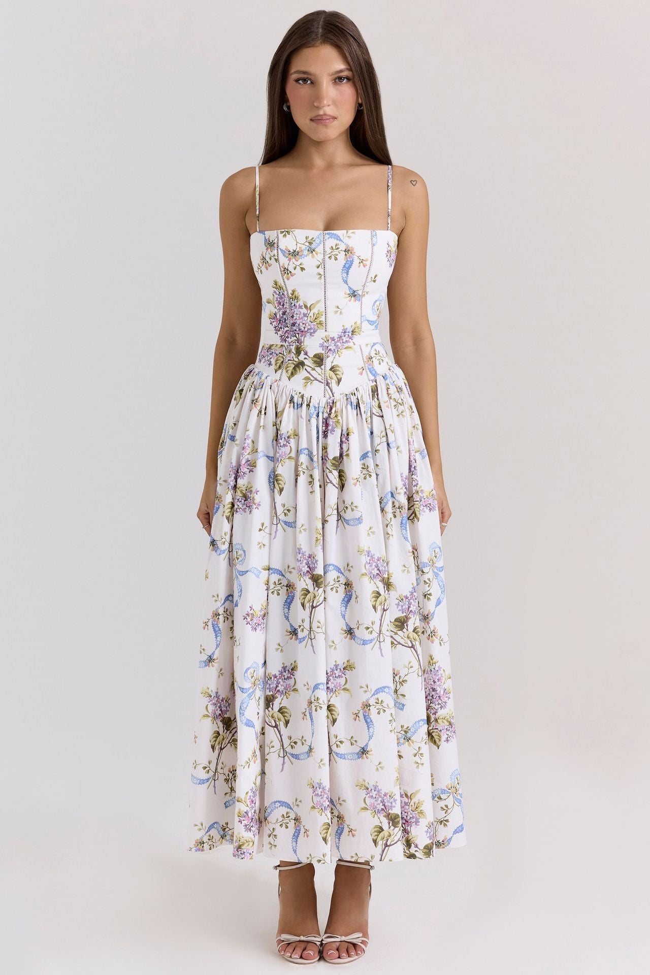 Women's fitted maxi dress with corset top and fine spaghetti straps