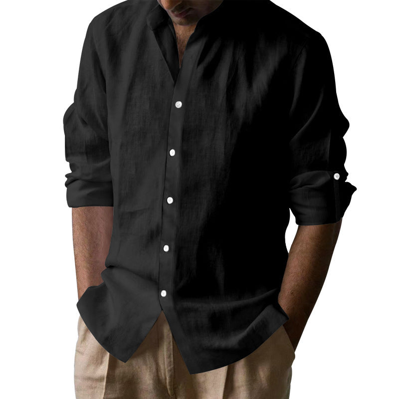 Men's Elegant Linen Shirt with Stand Collar and Button Details Shop Velvia
