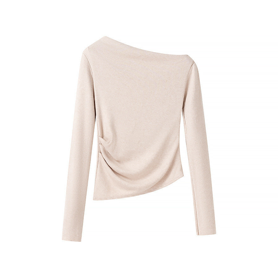Women’s asymmetrical fine knit top with off-the-shoulder neckline and gathered side panel Shop Velvia