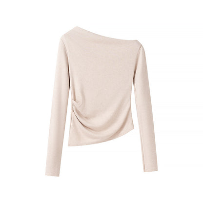 Women’s asymmetrical fine knit top with off-the-shoulder neckline and gathered side panel Shop Velvia
