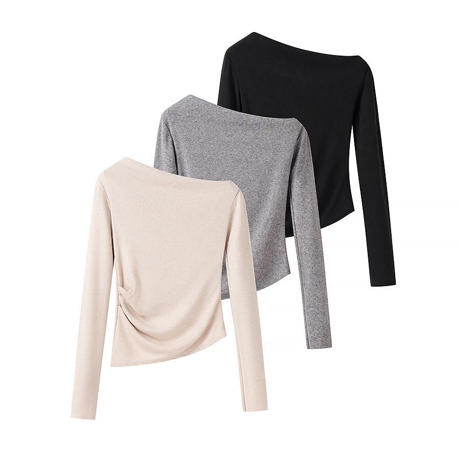 Women’s asymmetrical fine knit top with off-the-shoulder neckline and gathered side panel Shop Velvia