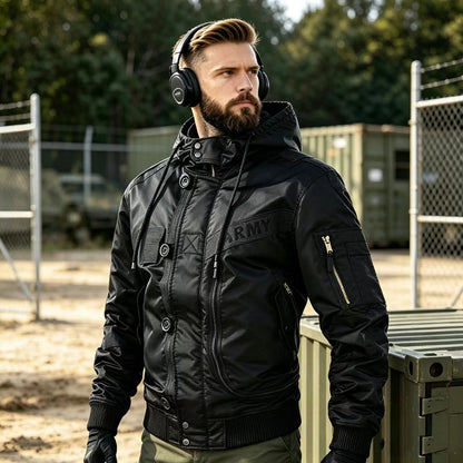 Men's Military-Inspired Hooded Bomber Jacket with Utility Pockets Shop Velvia