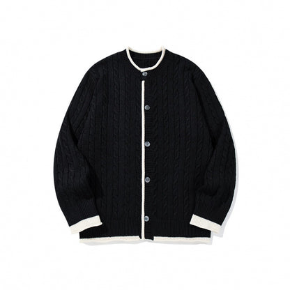 Unisex fine knit cardigan with cable pattern, round neck and contrast trim Shop Velvia