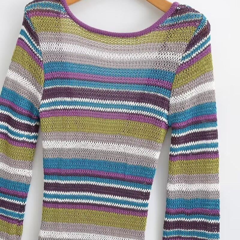 Women's Fitted Fine Knit Midi Dress with Striped Pattern and Round Neckline Shop Velvia
