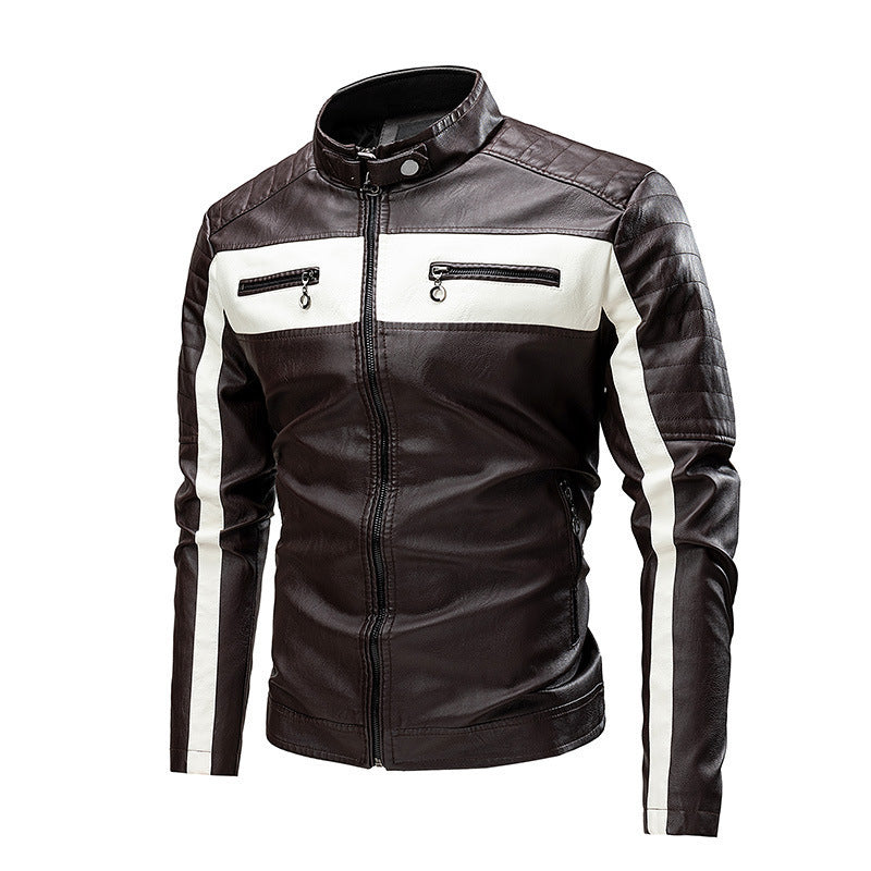 Men's Quilted Biker Jacket made of Faux Leather with Contrast Stripes and Stand-Up Collar Shop Velvia