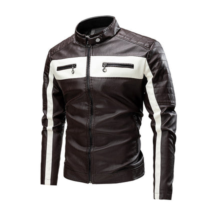 Men's Quilted Biker Jacket made of Faux Leather with Contrast Stripes and Stand-Up Collar Shop Velvia