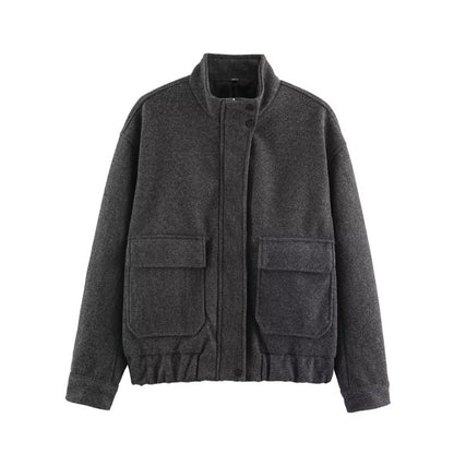 Women's Boxy Wool Blouson with Stand-up Collar, Large Flap Pockets and Elastic Hem Shop Velvia
