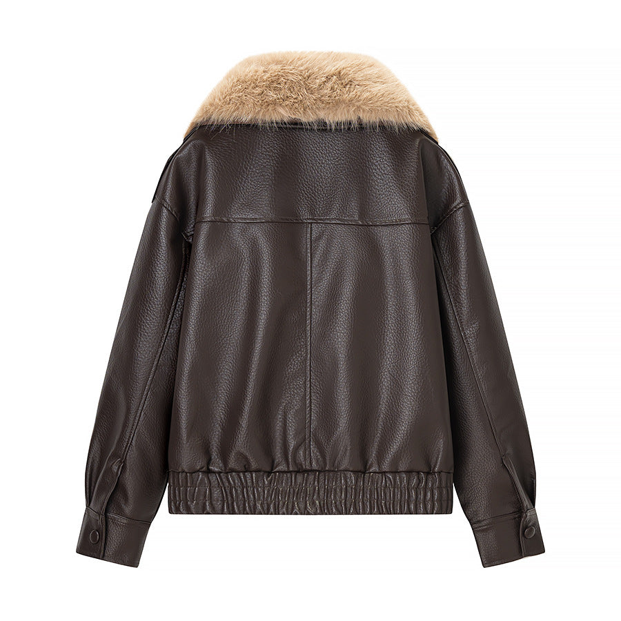Women Quilted Leather Look Blouson with Voluminous Fur Collar Shop Velvia