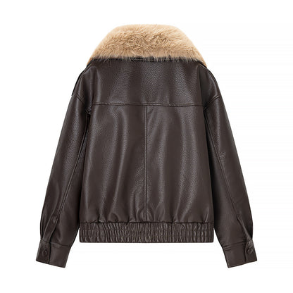 Women Quilted Leather Look Blouson with Voluminous Fur Collar Shop Velvia