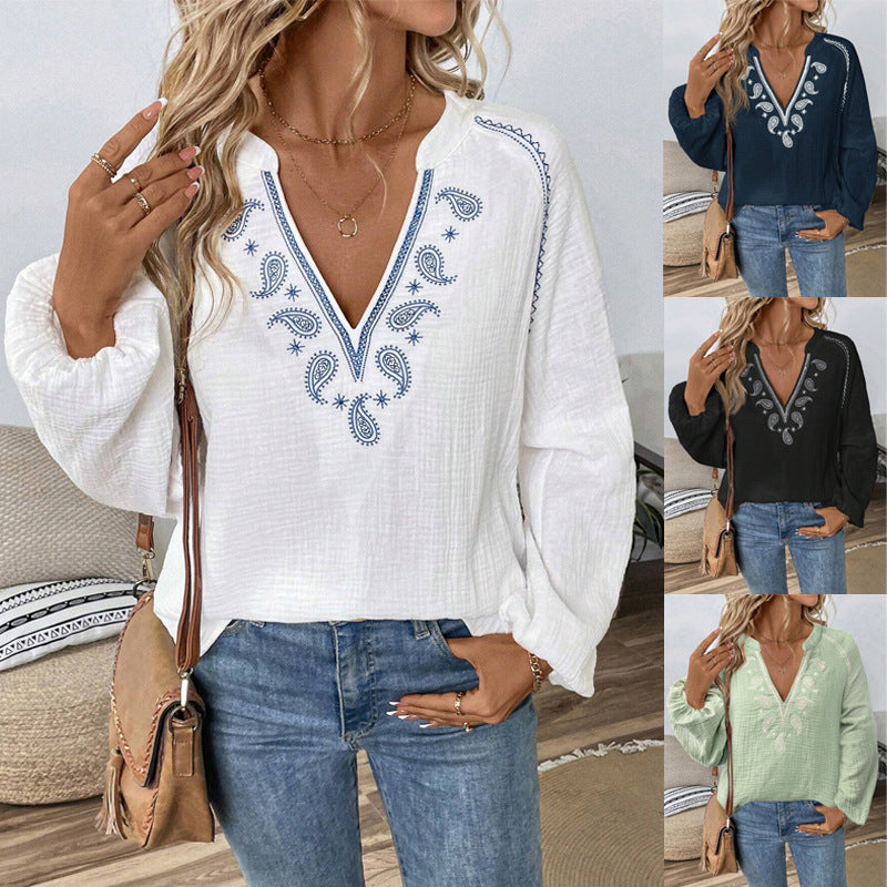 Women's Lightweight Cotton Tunic with Embroidery, V-Neck and Gathered Balloon Sleeves Shop Velvia