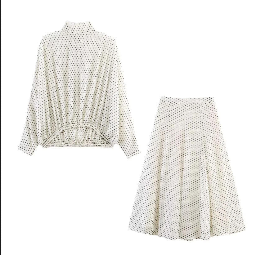 Women's Two-Piece Polka Dot Set with Stand Collar Blouse and Flared Midi Skirt Shop Velvia